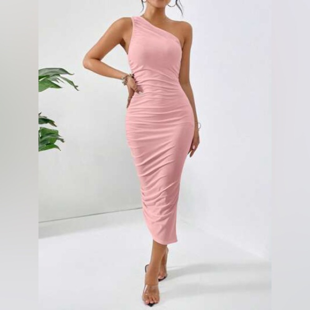 🍒AMTIOUS Elegant Pink One-Shoulder Dress